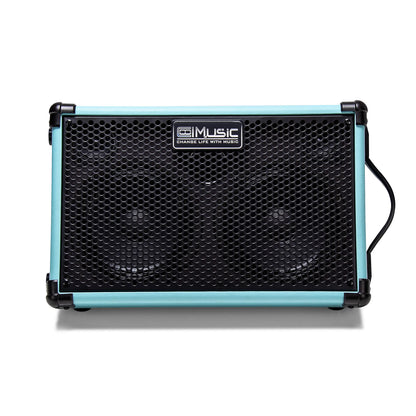 A compact light blue and black bp40d powered acoustic guitar amplifier with perforated grille and microphone rechargeable 80w