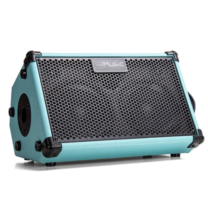 Turquoise and black coolmusic bp40d powered acoustic guitar amplifier with perforated grille and rechargeable 80w microphone