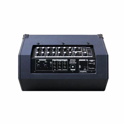 Black rectangular Coolmusic BP60D portable speaker with control panel knobs and input output ports for instrument amplification