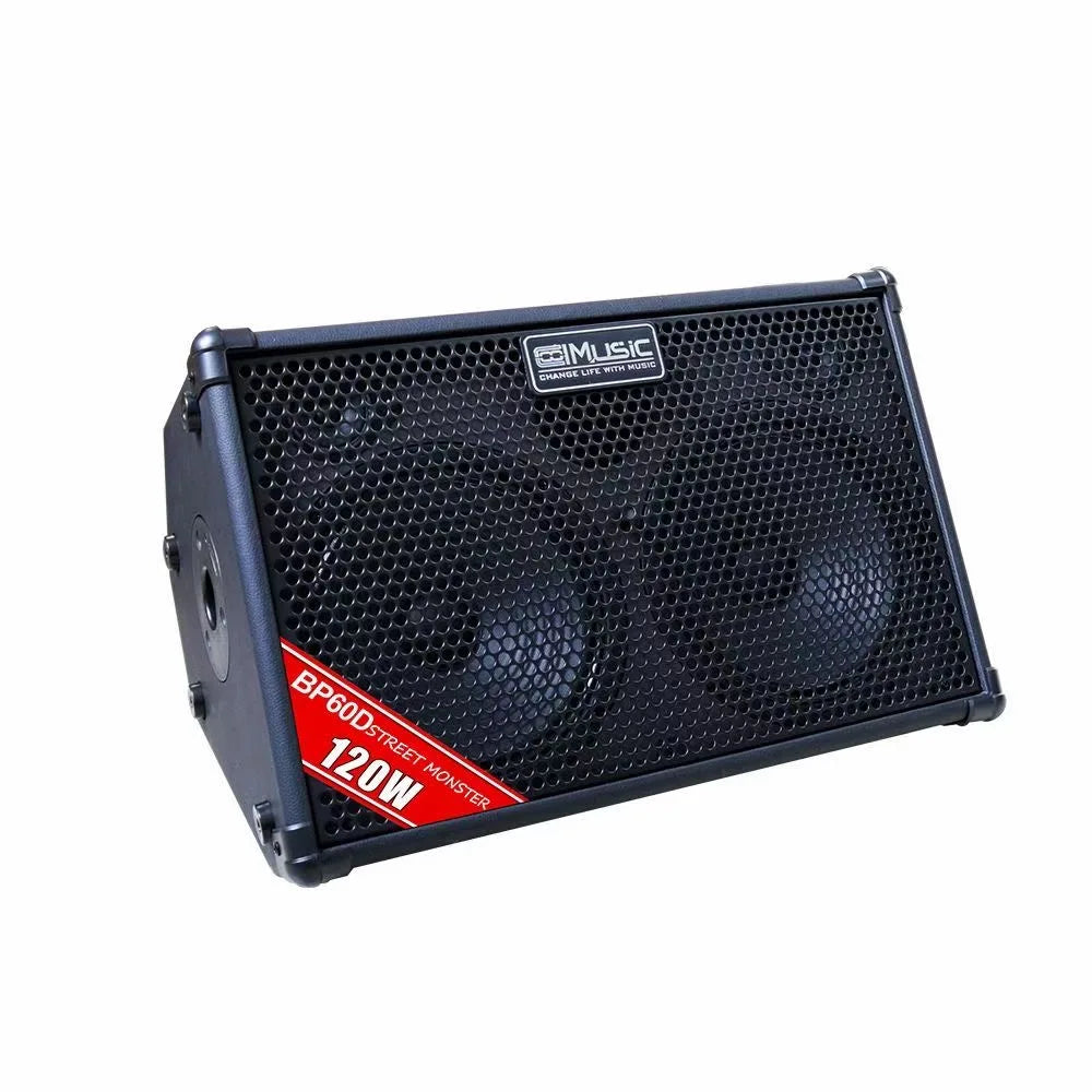Black rectangular Coolmusic BP60D electric guitar amplifier speaker with perforated grille and 120w chorus reverb delay effects