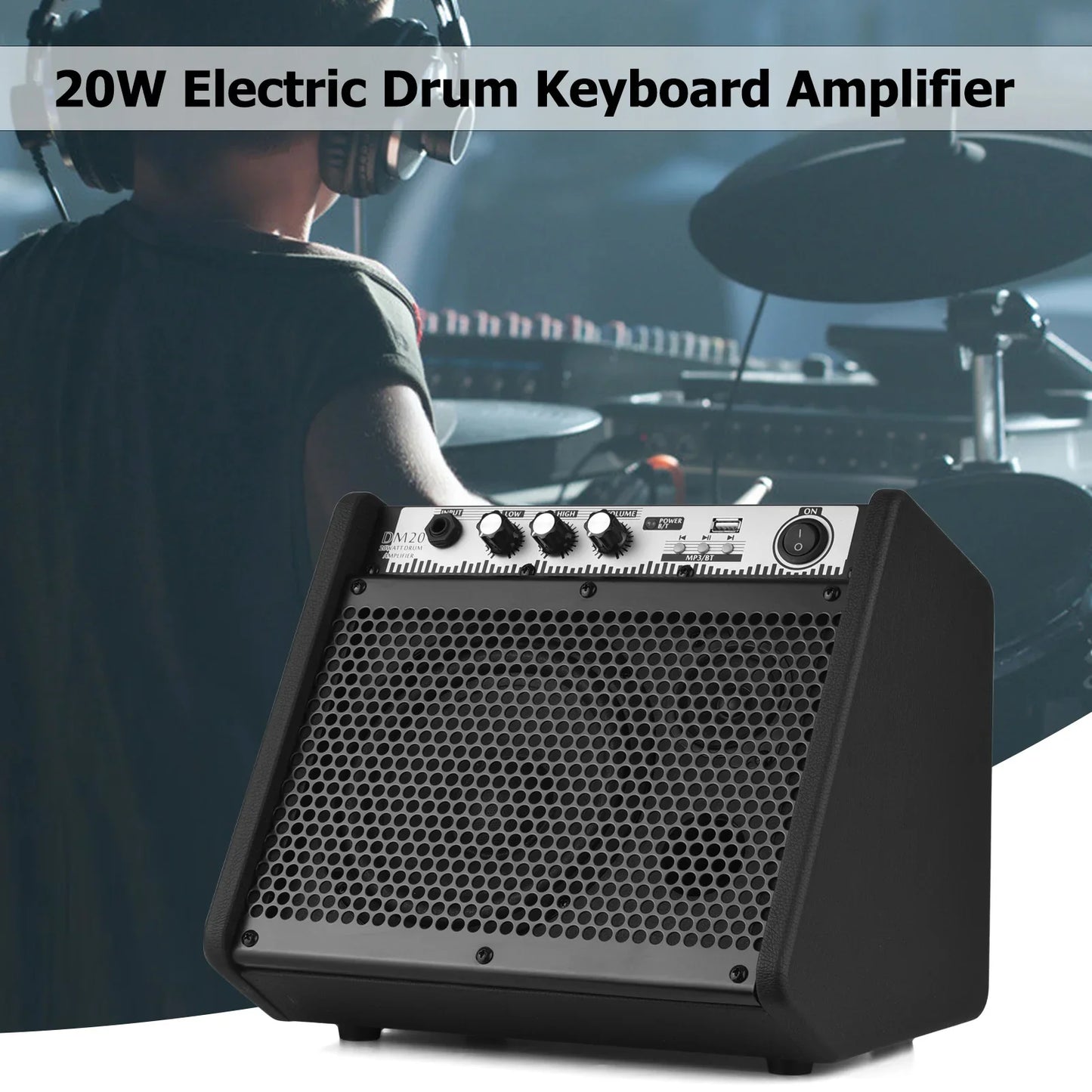 Black coolmusic dm20 20w electric drum amplifier with perforated grille and silver control panel supports usb mp3 player function