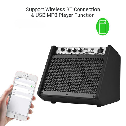 Black coolmusic dm20 20w electric drum amplifier with silver control panel usb mp3 player and hexagonal grille