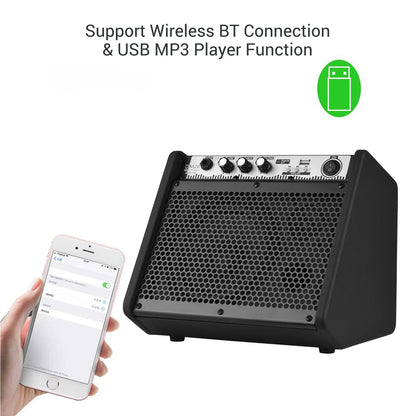 Black coolmusic dm20 20w electric drum amplifier with silver control panel supports usb mp3 player function and wireless bt