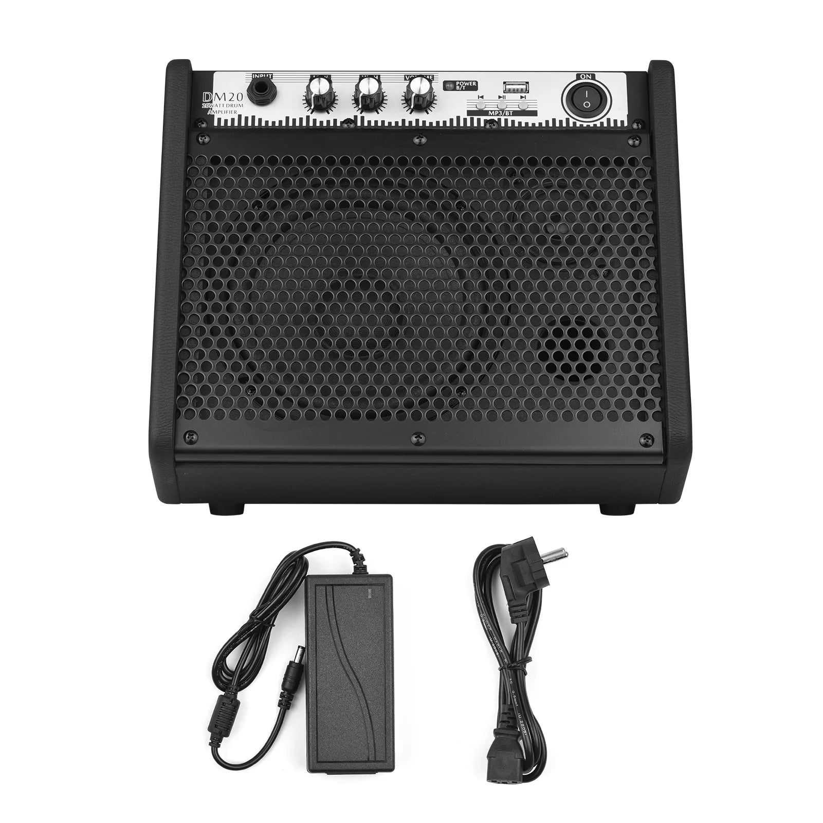 Black dm20 20w electric drum amplifier with perforated grille and control knobs supports usb mp3 player function
