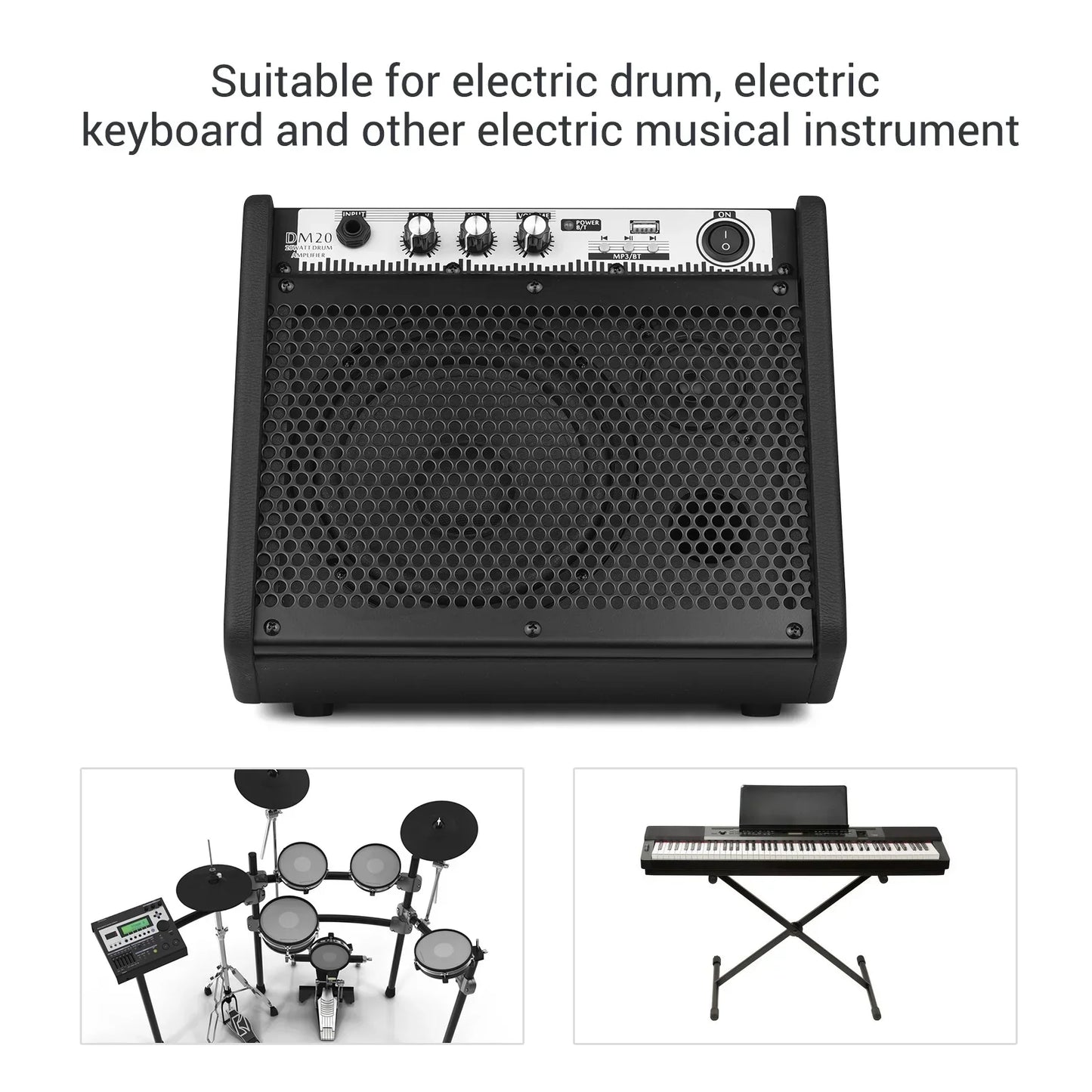 Black coolmusic dm20 20w electric drum amplifier with perforated grille usb mp3 player and control knobs for keyboards