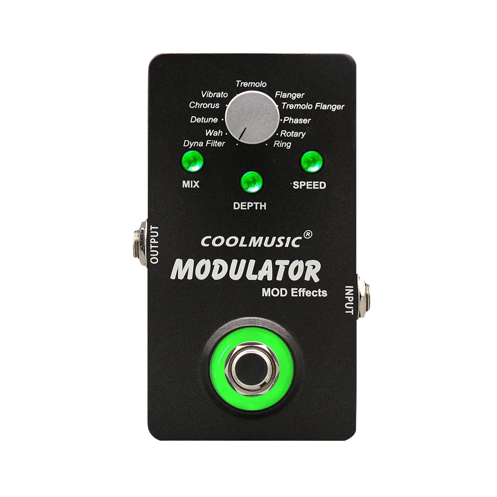Black coolmusic pedal digital modulator with green led indicators and central footswitch for wah reverb chorus flanger phaser vibrato effects