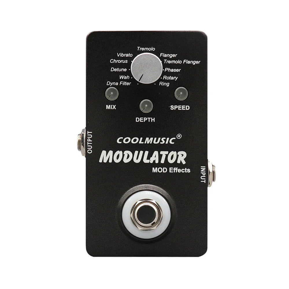 Black coolmusic electric guitar multieffect pedal digital modulator with silver knobs featuring wah reverb chorus flanger phaser vibrato