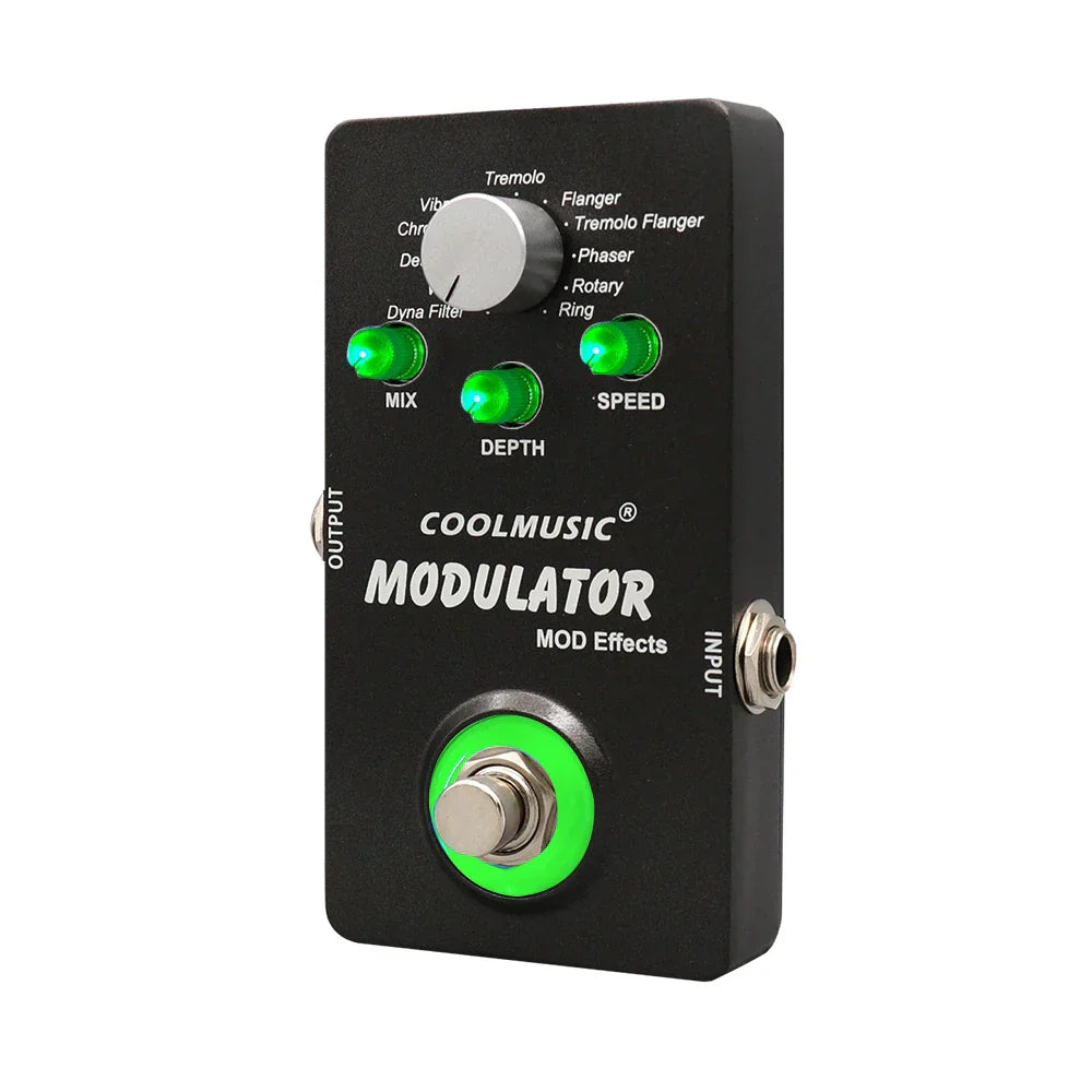 Black coolmusic pedal digital modulator with green led lights and silver footswitch for wah reverb chorus flanger phaser vibrato effects