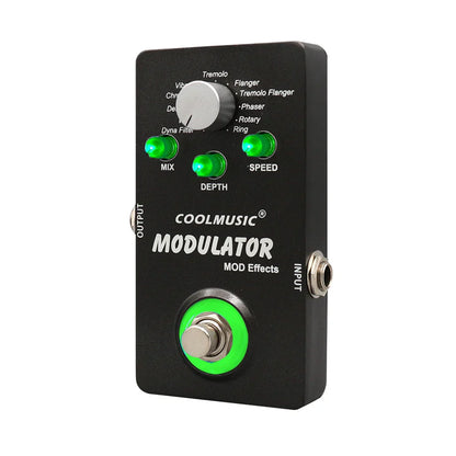 Black coolmusic pedal digital modulator with green led lights and silver footswitch for wah reverb chorus flanger phaser vibrato effects