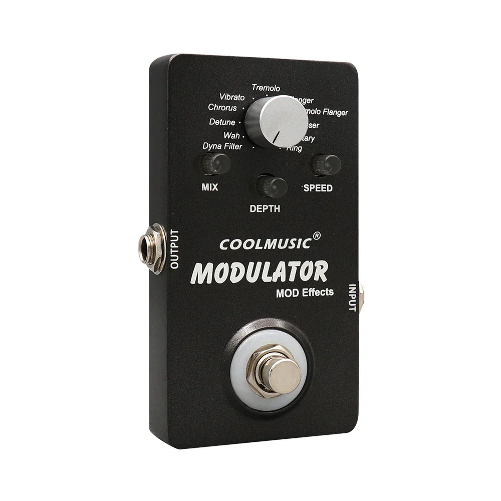 Black coolmusic pedal digital modulator with silver knobs and footswitch featuring wah reverb chorus flanger phaser vibrato effects