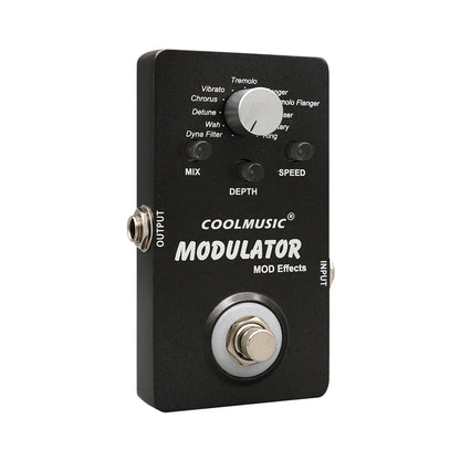 Black coolmusic pedal digital modulator with silver knobs and footswitch featuring wah reverb chorus flanger phaser vibrato effects