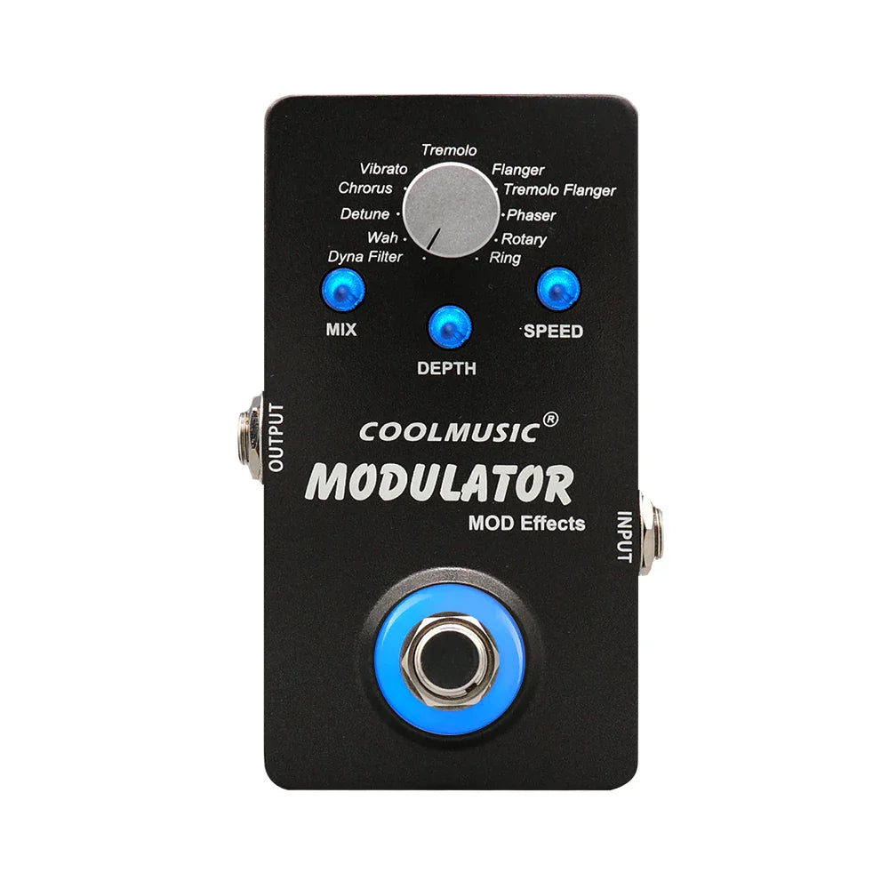 Black coolmusic electric guitar pedal digital modulator with blue accents and silver knobs featuring wah reverb chorus flanger phaser vibrato effects