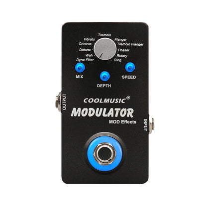 Black coolmusic electric guitar pedal digital modulator with blue accents and silver knobs featuring wah reverb chorus flanger phaser vibrato effects