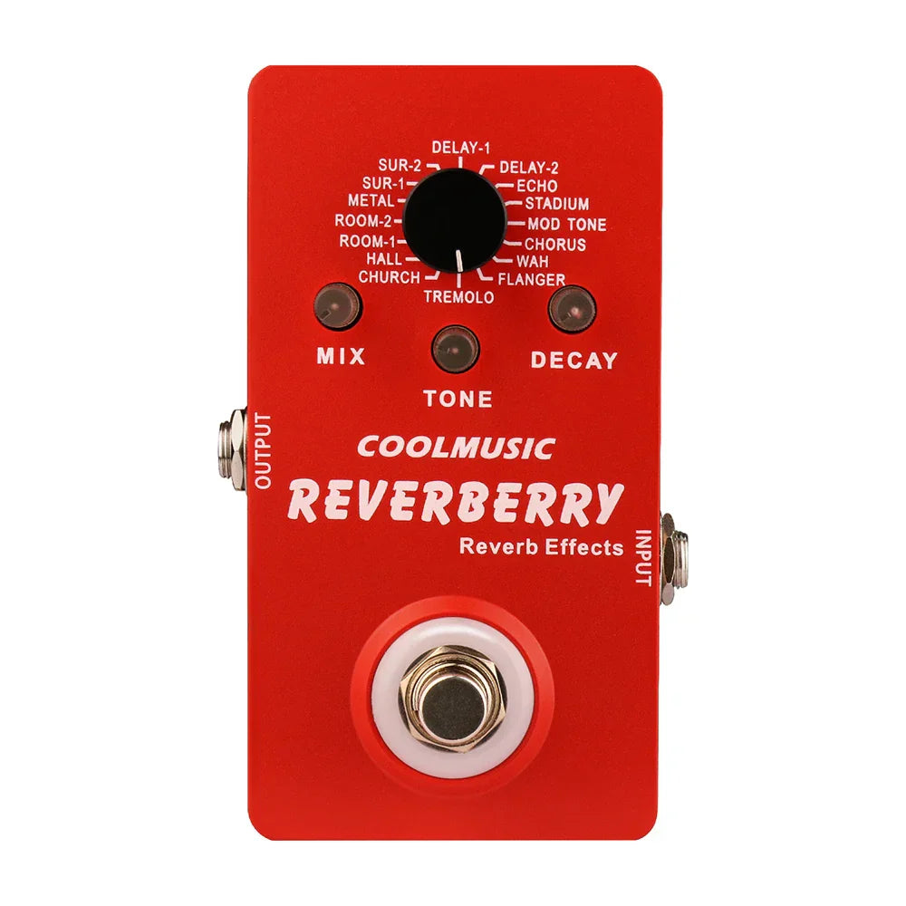 Red rectangular coolmusic digital reverb pedal with central black knob and three smaller mix tone decay controls for guitar multi effects true bypass