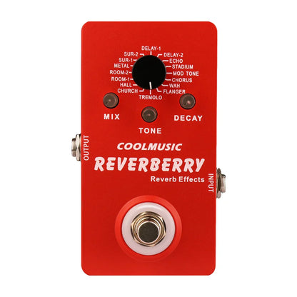 Red rectangular coolmusic digital reverb pedal with central black knob and three smaller mix tone decay controls for guitar multi effects true bypass