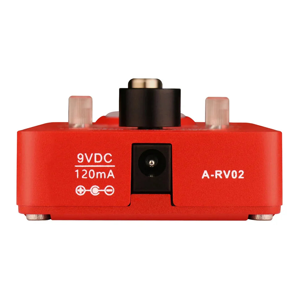 Red rectangular 9v dc power supply unit with black translucent components for coolmusic digital reverb pedal guitar multi effects true bypass