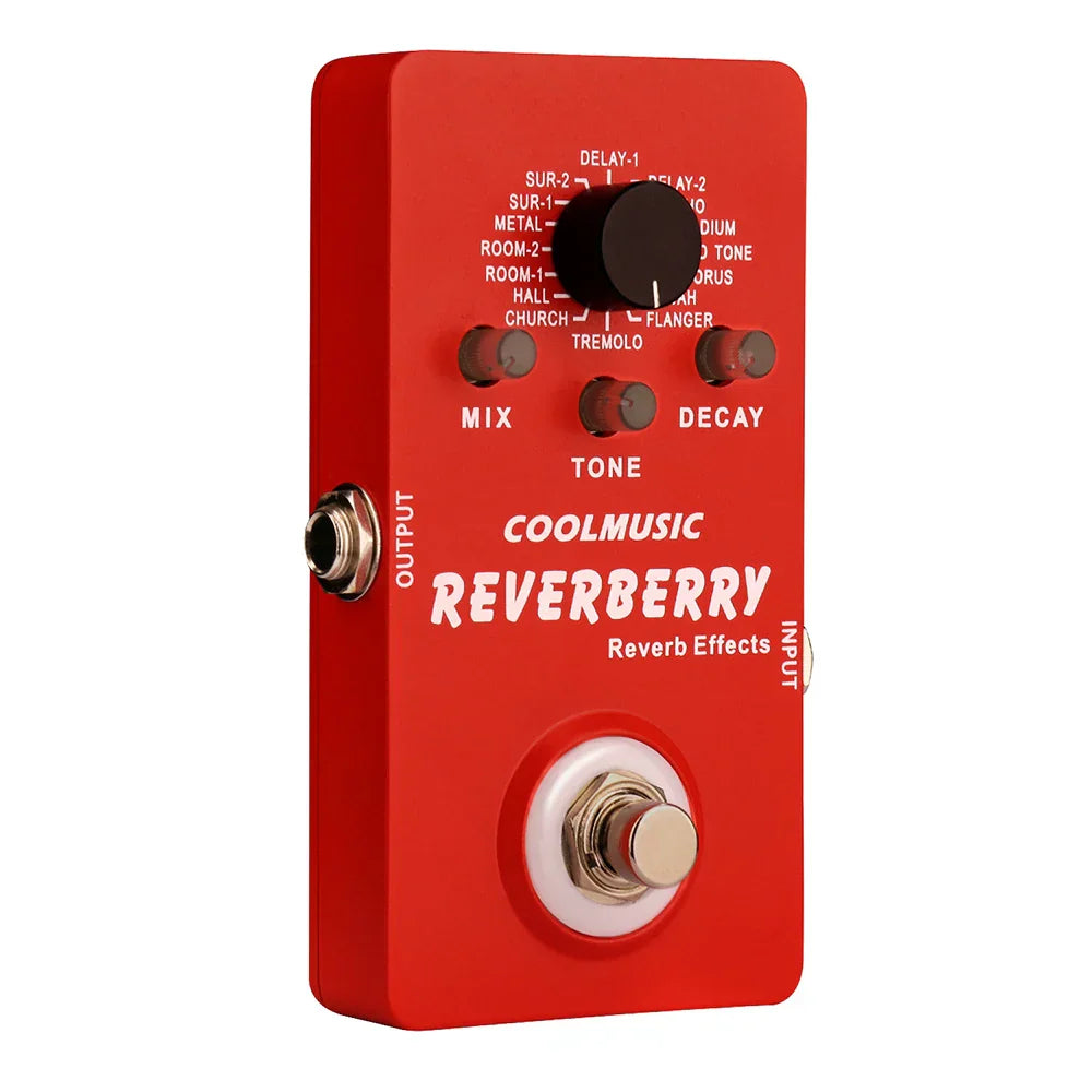 Red rectangular coolmusic digital reverb pedal with black knobs gold footswitch guitar multi effects true bypass