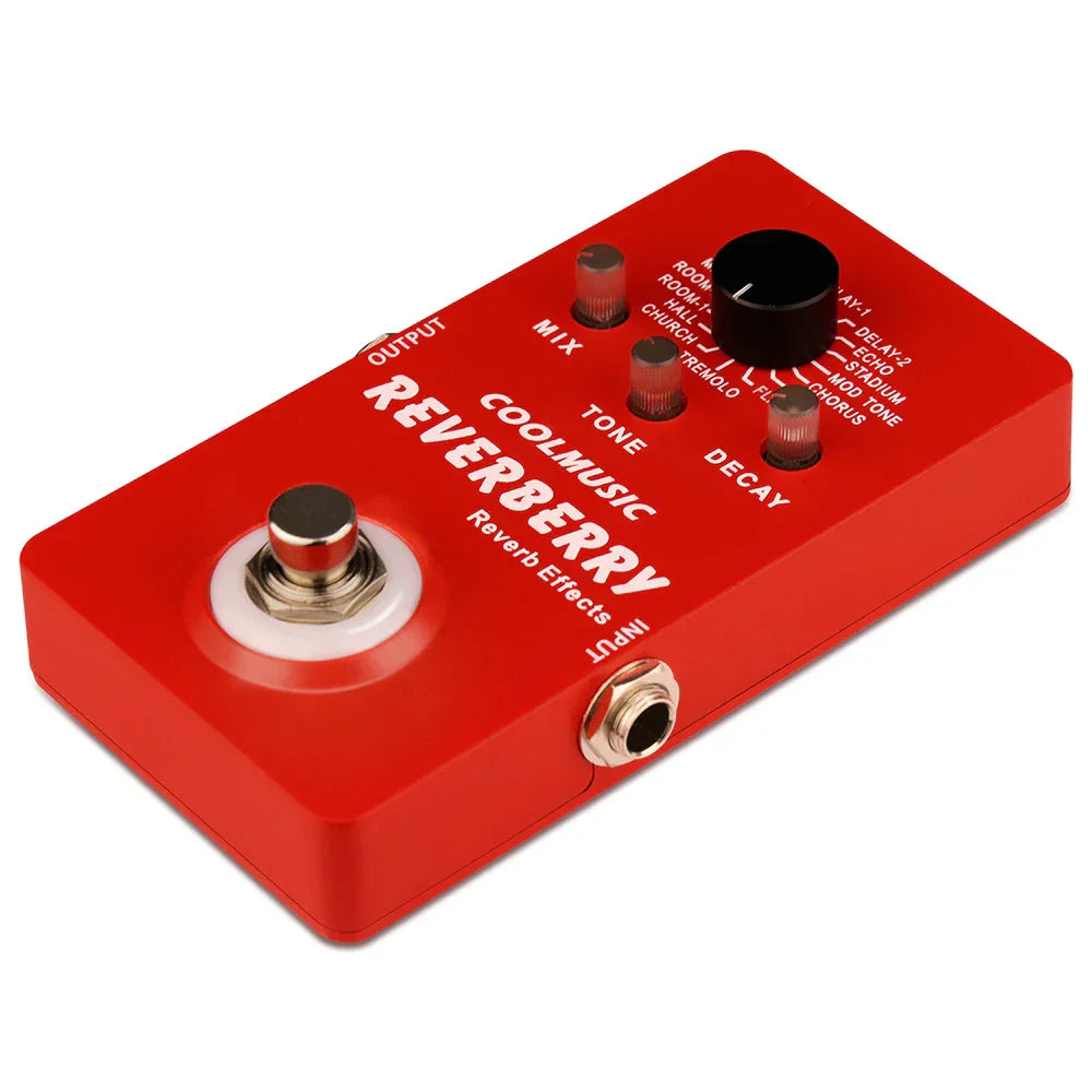 Red rectangular coolmusic reverberry digital reverb pedal with silver knobs and effects true bypass for guitar multi effects