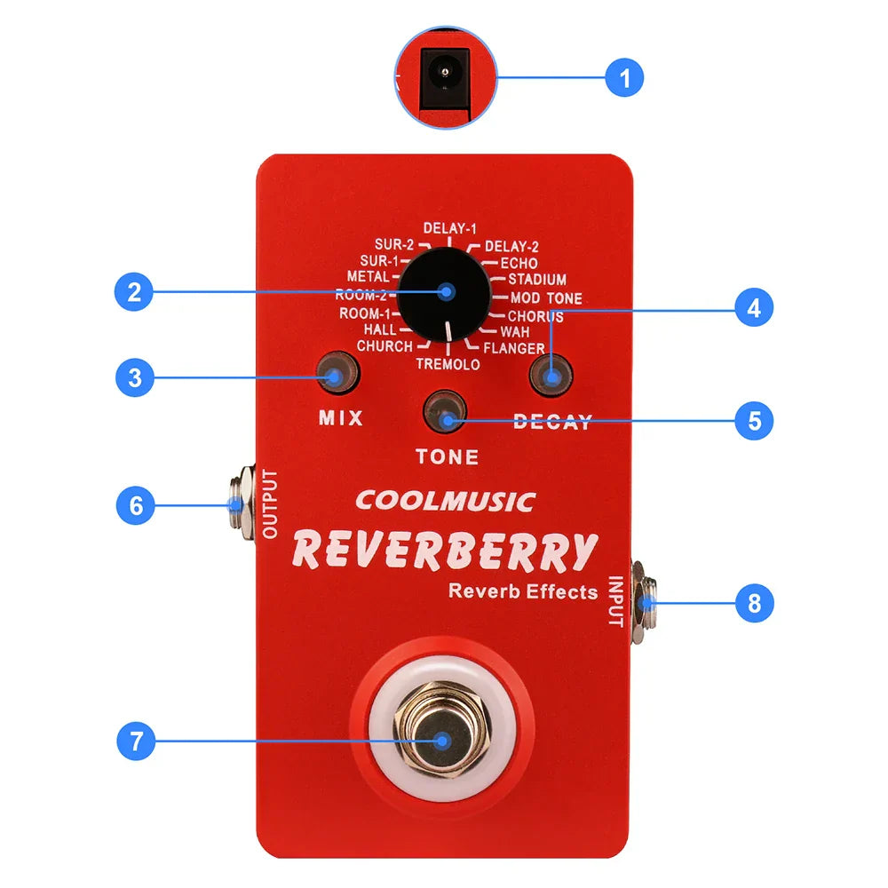 Red digital reverb pedal coolmusic reverberry with black knobs for guitar multi effects and effects true bypass use