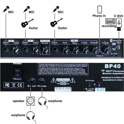Black bp40 40 watt personal monitor amplifier with multiple input jacks and control knobs to adjust reverb effect for acoustic guitar