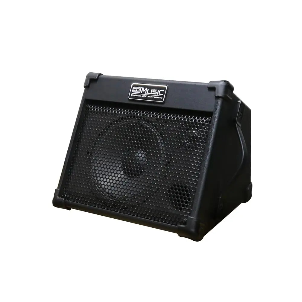 Black angled guitar speaker cabinet with mesh grille and music logo for coolmusic portable acoustic amplifier reverb effect
