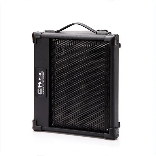 Black coolmusic portable acoustic guitar amplifier with hexagonal mesh grille and adjustable reverb effect for outdoor use