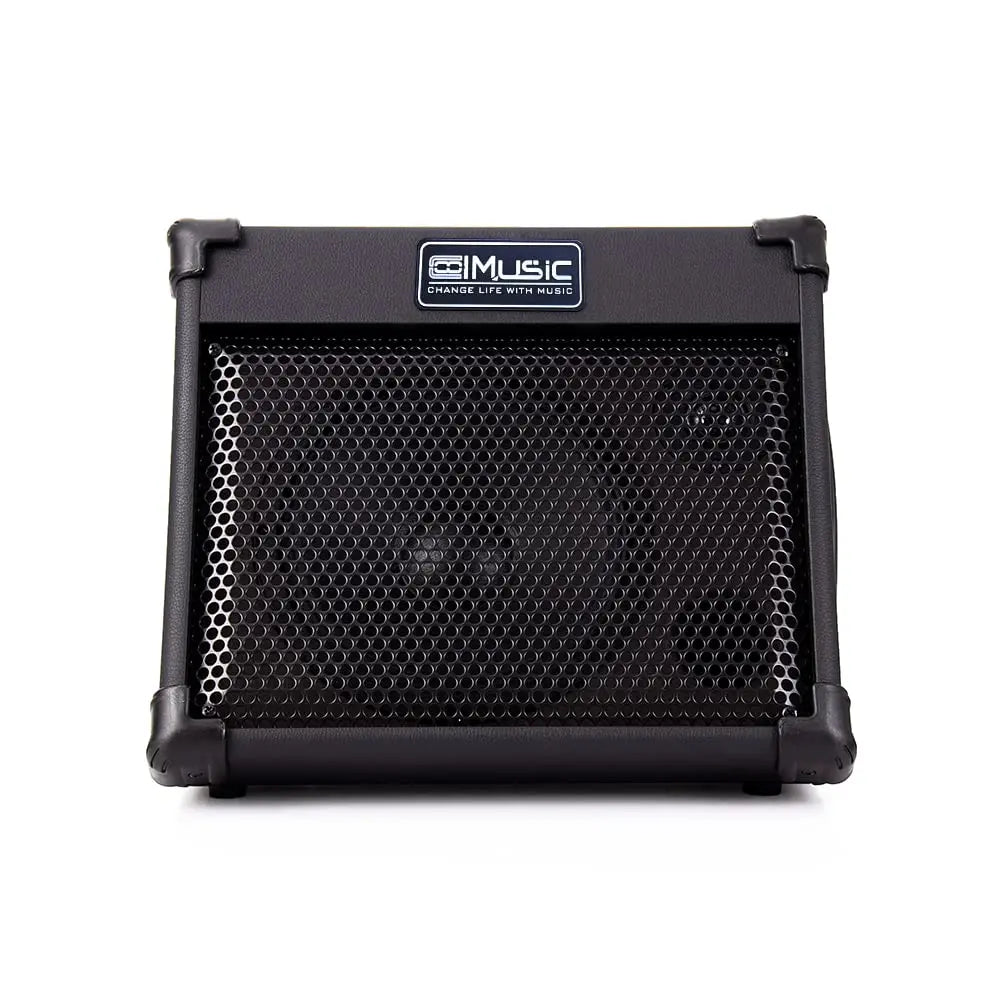 Black coolmusic portable acoustic guitar amplifier with perforated grille and reverb effect for outdoor music