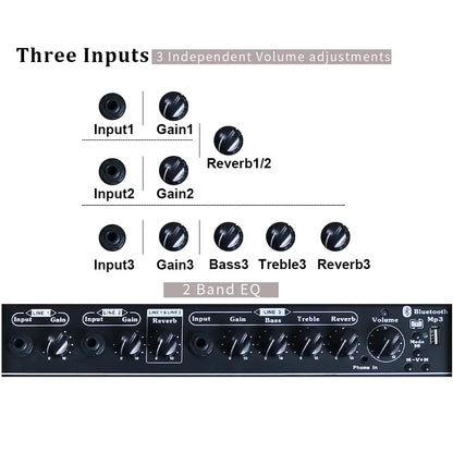 Black coolmusic portable acoustic amplifier with three input channels to adjust reverb effect for acoustic guitar