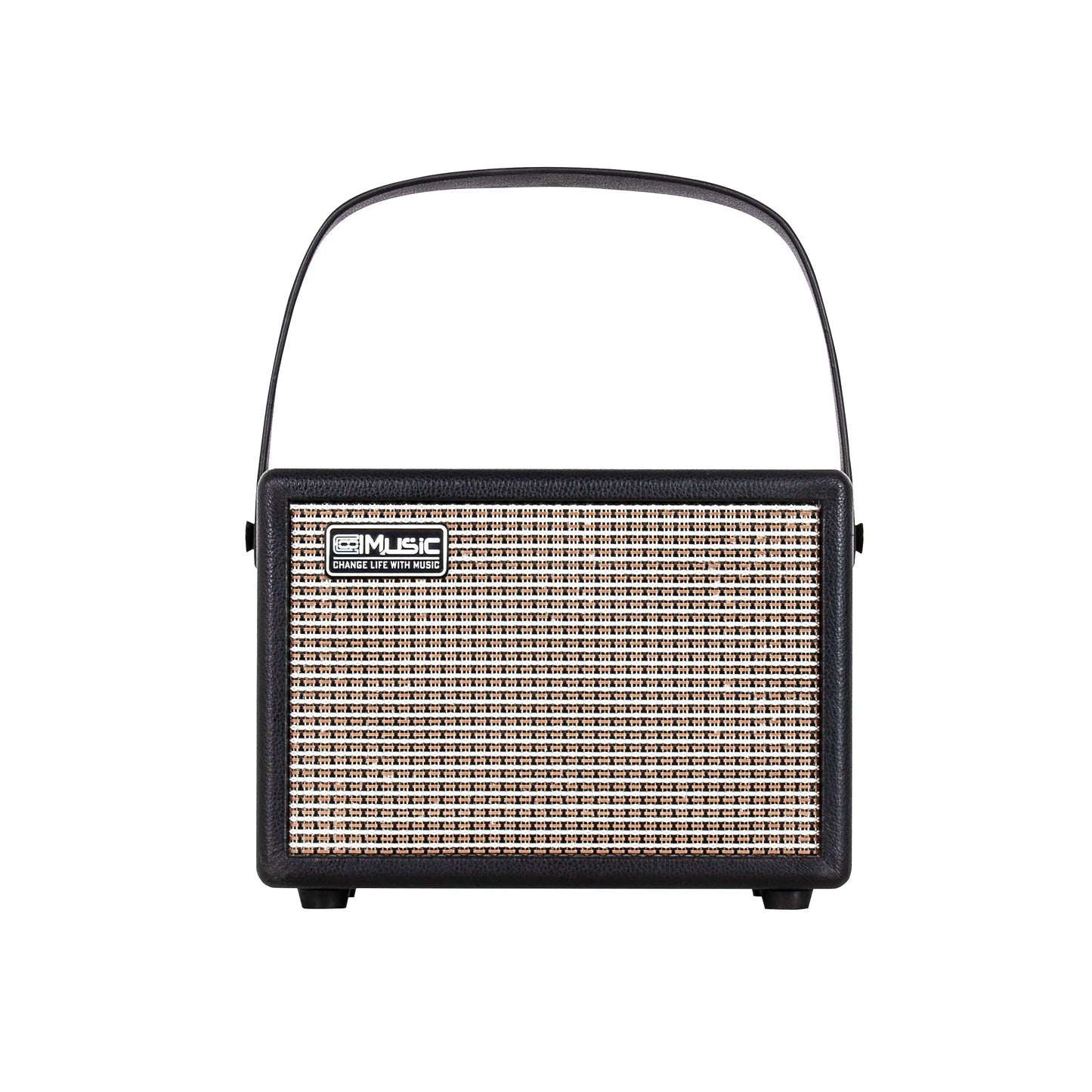 Black and cream retro-style electric guitar amplifier with woven grille, carrying handle, and headphone wireless connect