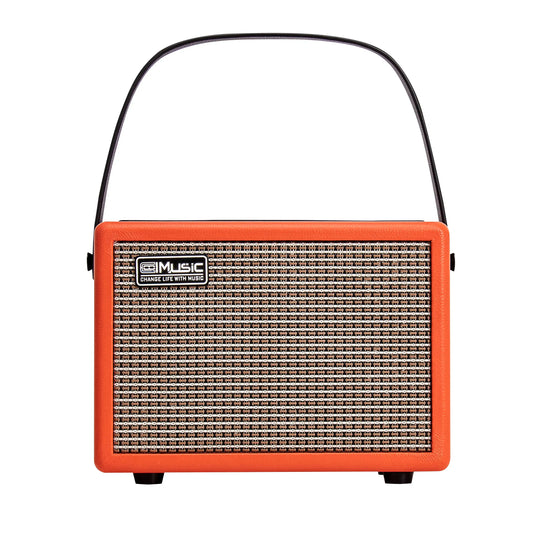 Orange retro-style electric guitar amplifier with textured grille, black handle, rechargeable and headphone wireless connect