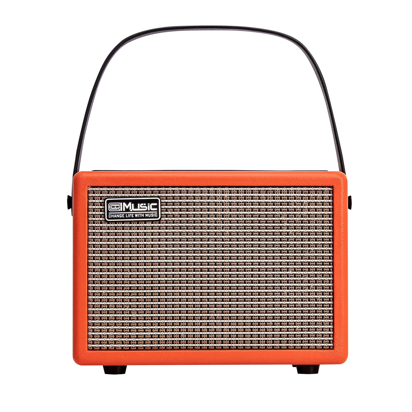 Orange retro-style electric guitar amplifier with black handle and textured grille rechargeable 15w headphone wireless connect