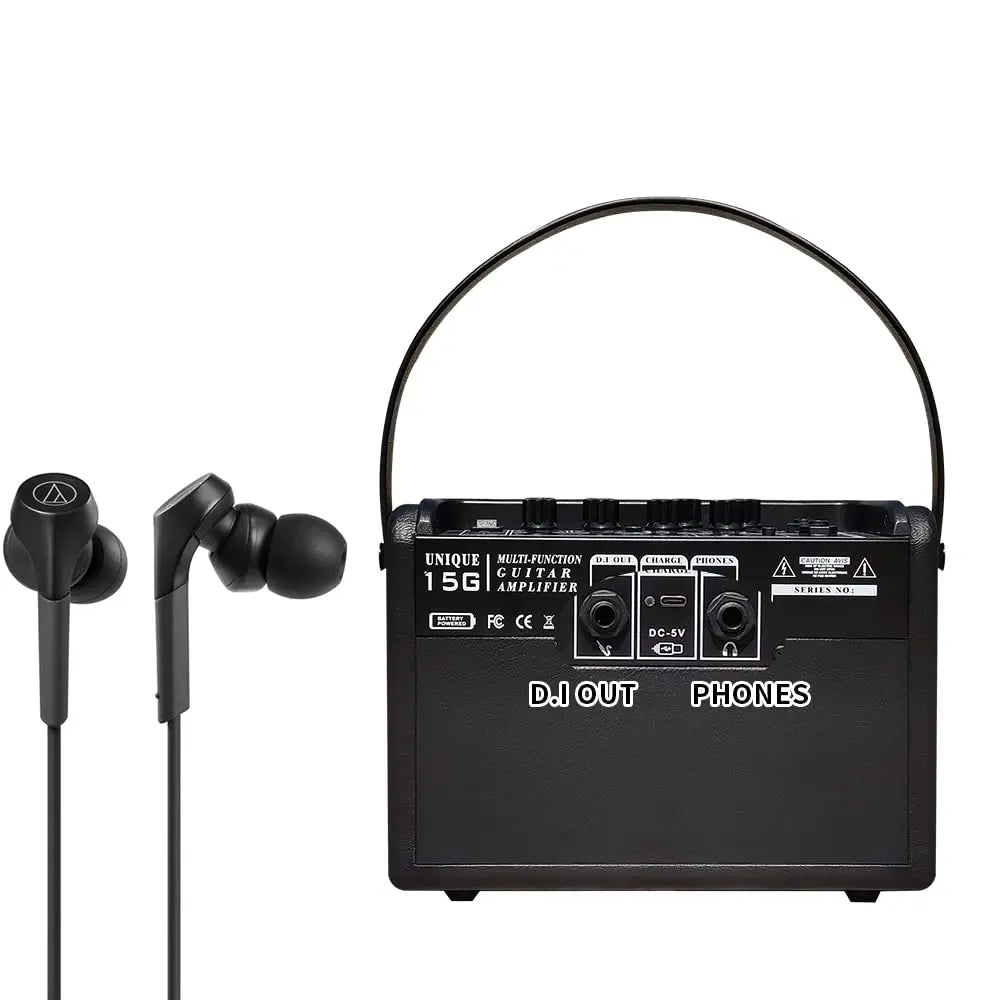 Black audio-technica electric guitar amplifier rechargeable 15w headphone with carrying handle and matching in-ear headphones