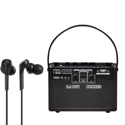 Black audio-technica electric guitar amplifier rechargeable 15w headphone with carrying handle and matching in-ear headphones