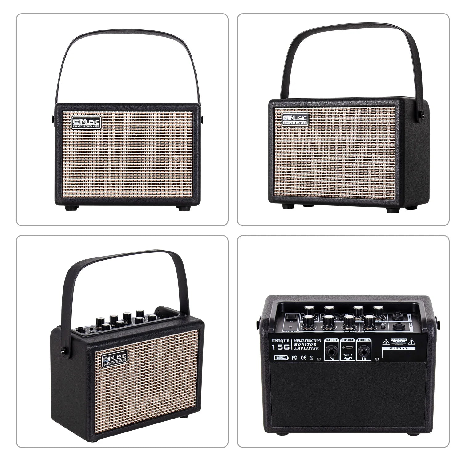 Black electric guitar amplifier with beige woven grille and handle rechargeable with headphone wireless connect features