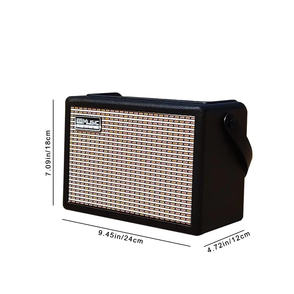 Black electric guitar amplifier with beige grille and leather finish featuring music logo, rechargeable with headphone wireless connect