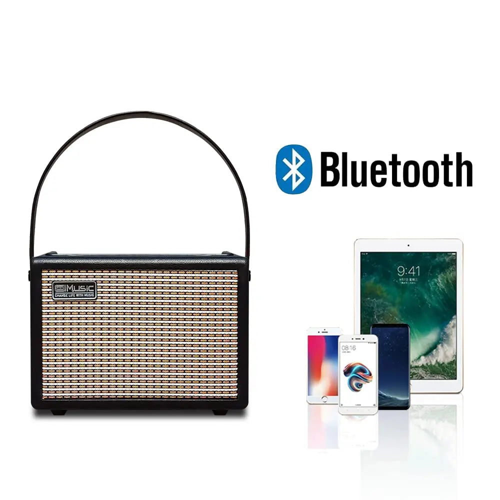 Black retro-style coolmusic electric guitar amplifier with textured gold grille leather handle rechargeable 15w headphone