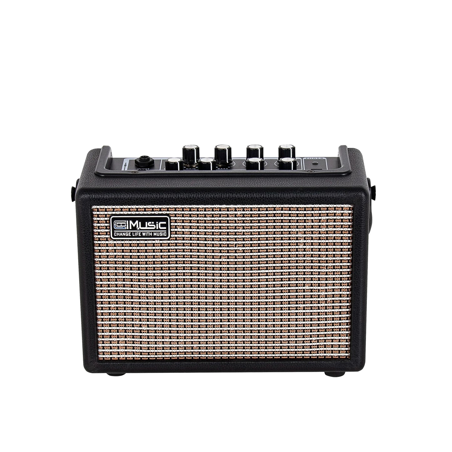 Black and beige woven grille electric guitar amplifier with black control panel and multiple knobs coolmusic unique-15g 15w