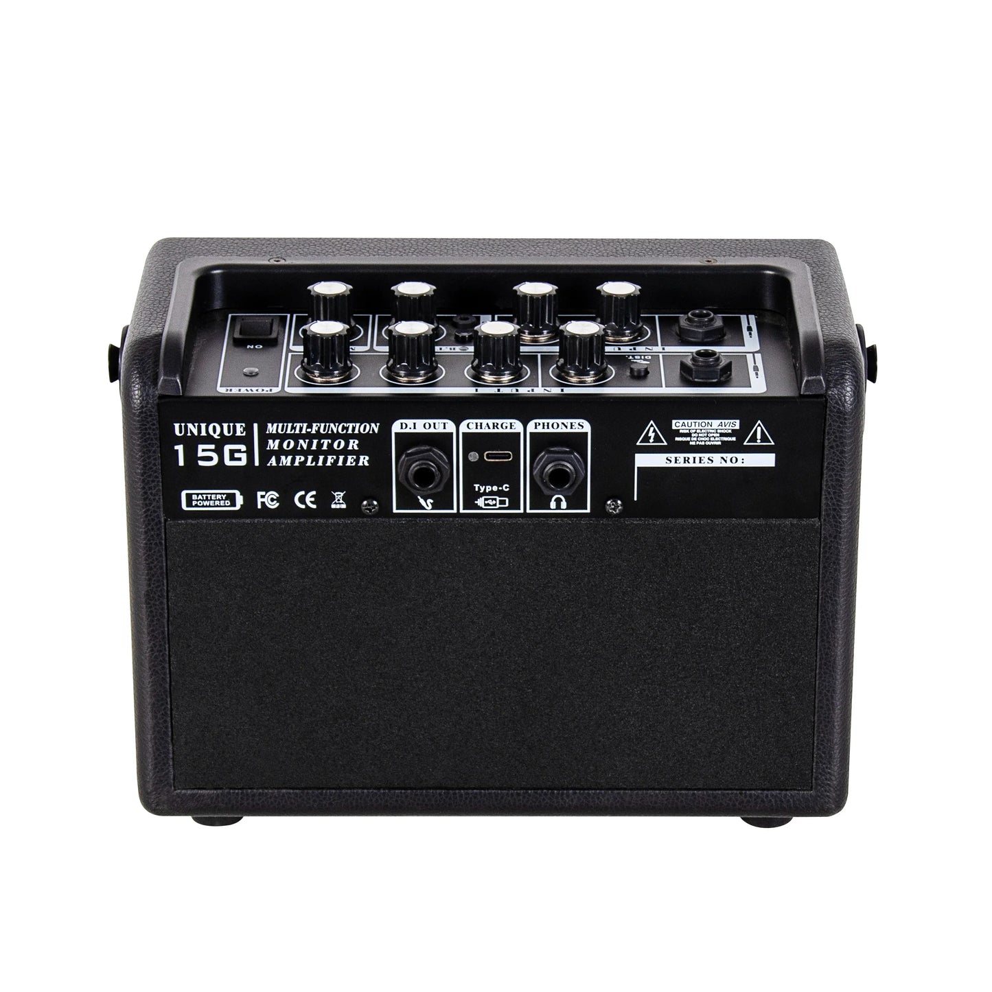 Black textured coolmusic unique-15g 15w electric guitar amplifier with multiple control knobs and connectivity ports