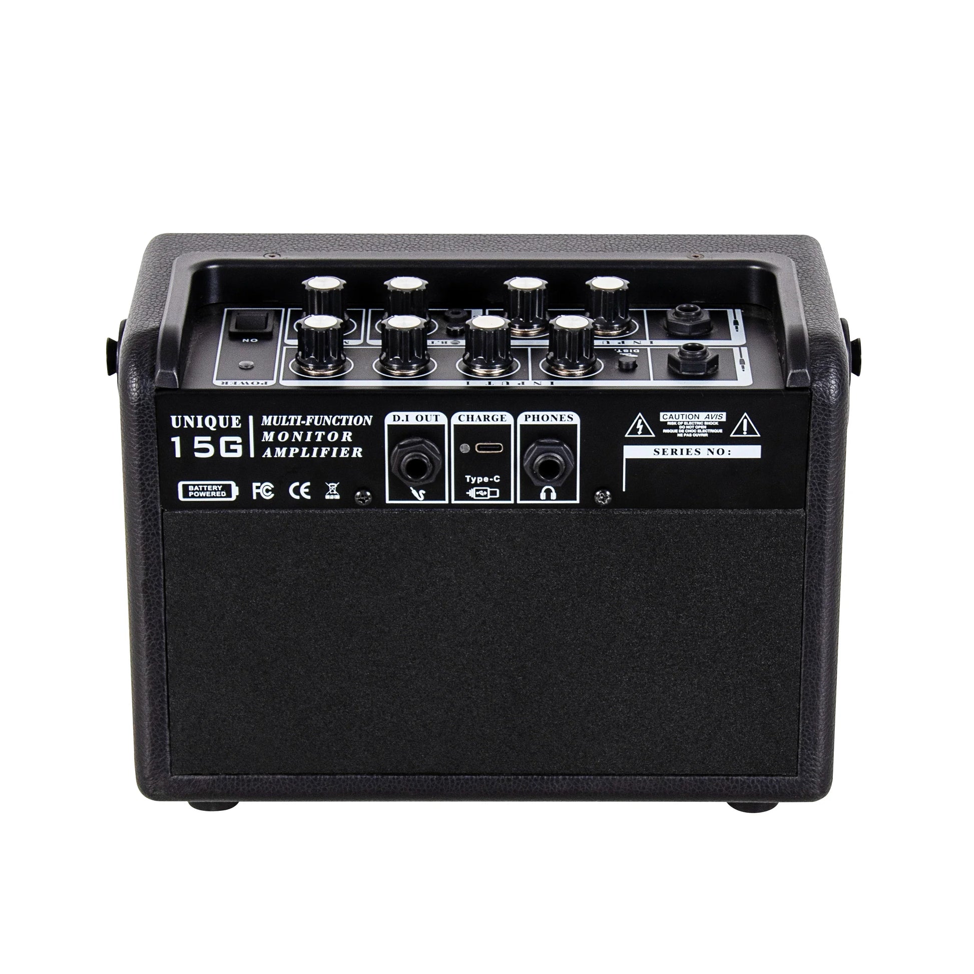 Black textured coolmusic unique-15g 15w electric guitar amplifier with multiple control knobs and connectivity ports