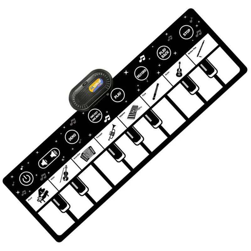 Black and white coolplay musical piano mat with animal sounds baby icons and control buttons for toddlers floor keyboard