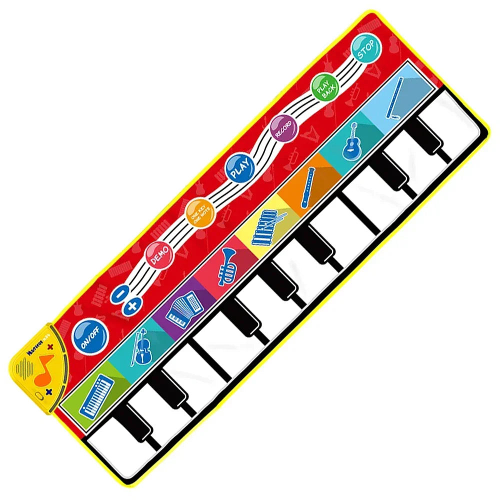 Colorful coolplay musical piano mat with white and black keys and animal sounds baby buttons on a red toddlers floor keyboard