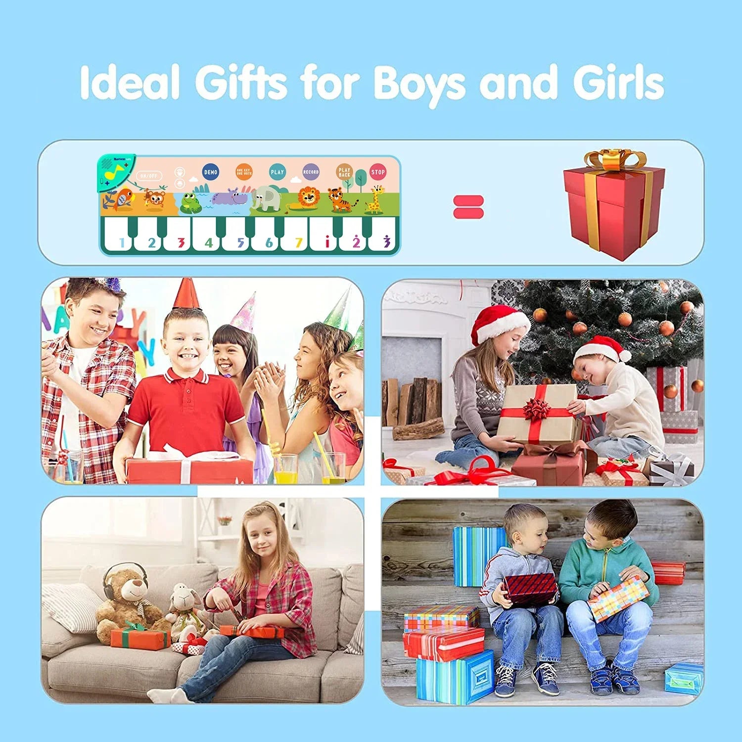 Red and gold gift box with golden ribbon bow accompanying coolplay musical piano mat toddlers floor keyboard toy with animal sounds baby features