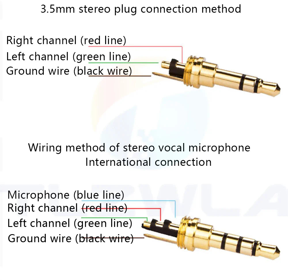 Copper 3/4 pole gold-colored 3.5mm plug male headphone jack with color-coded wiring for audio and microphone use
