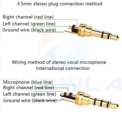 Copper 3/4 pole gold-colored 3.5mm plug male headphone jack with color-coded wiring for audio and microphone use