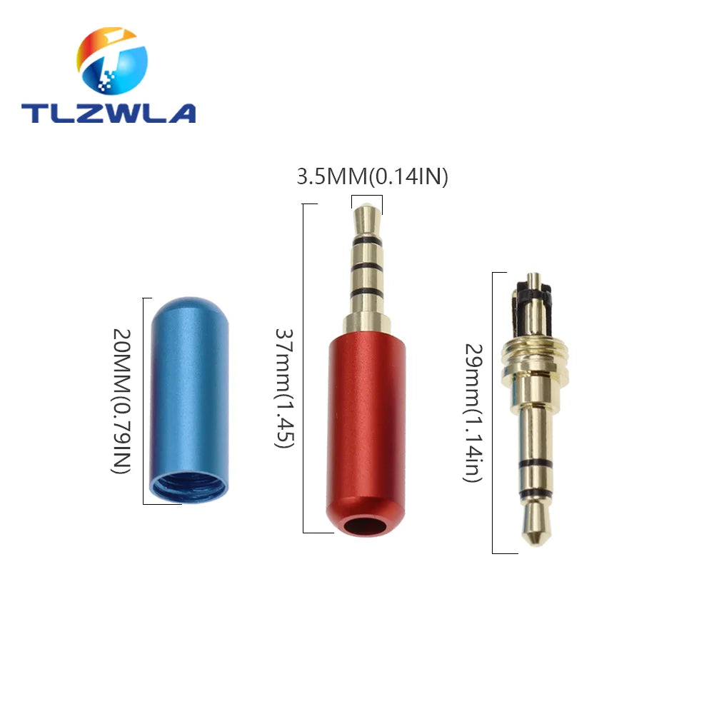 Red and blue metallic copper 3/4 pole 3.5mm plug headphone jack adapters with gold-plated connectors and clip for 4mm cable
