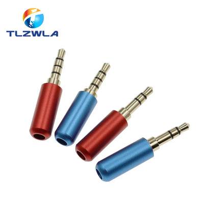 Copper 3/4 pole 3.5mm plug male headphone jack with clip in red and blue metallic finish for 4mm cable adapter