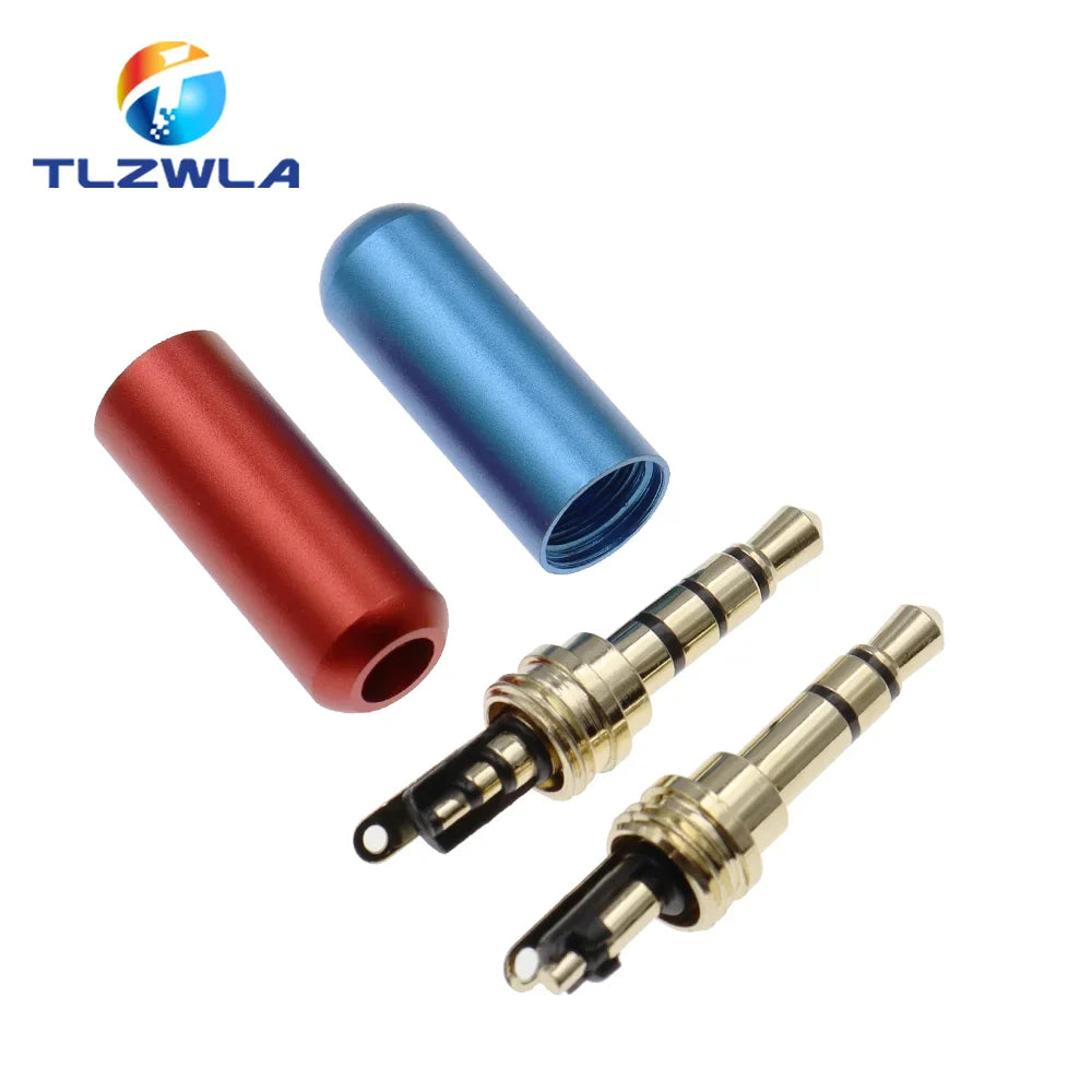 Copper 3/4 pole 3.5mm plug male headphone jack in red and blue metallic with gold-plated 3.5mm connector inside