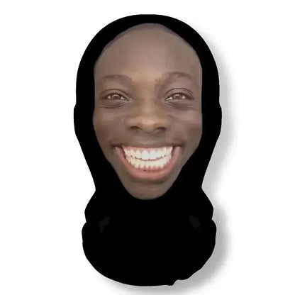 Black balaclava with cosplay 3d printed smiling face and white teeth designed as hip hop fashion role play headdress
