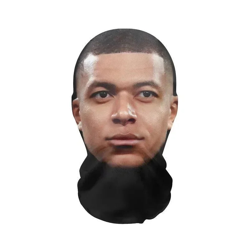 Black cosplay 3d printed face mask with kylian mbappé portrait made of stretch mesh for role play headdress hip hop fashion