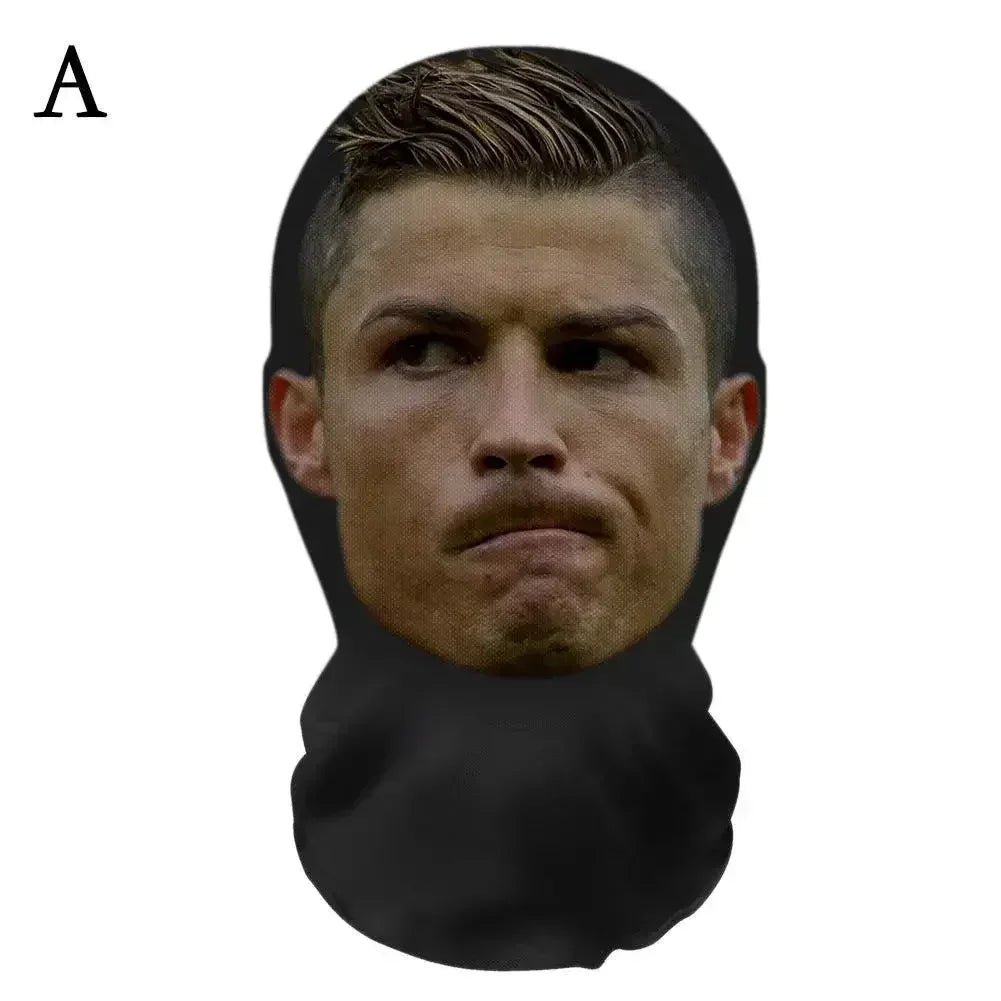 Black balaclava cosplay 3d printed with cristiano ronaldo portrait mesh for role play headdress and hip hop fashion